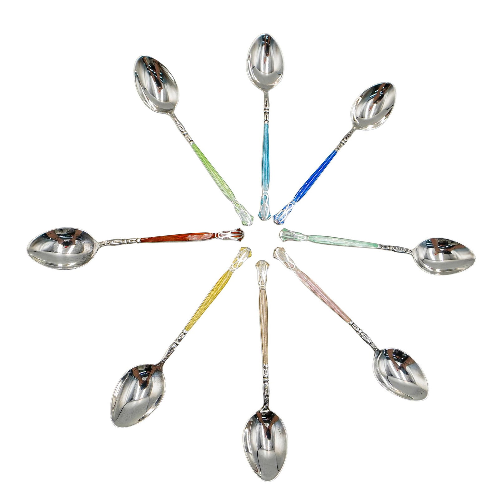 (8 Pc) English Sterling Silver and Enamel Spoons (1 of 13)