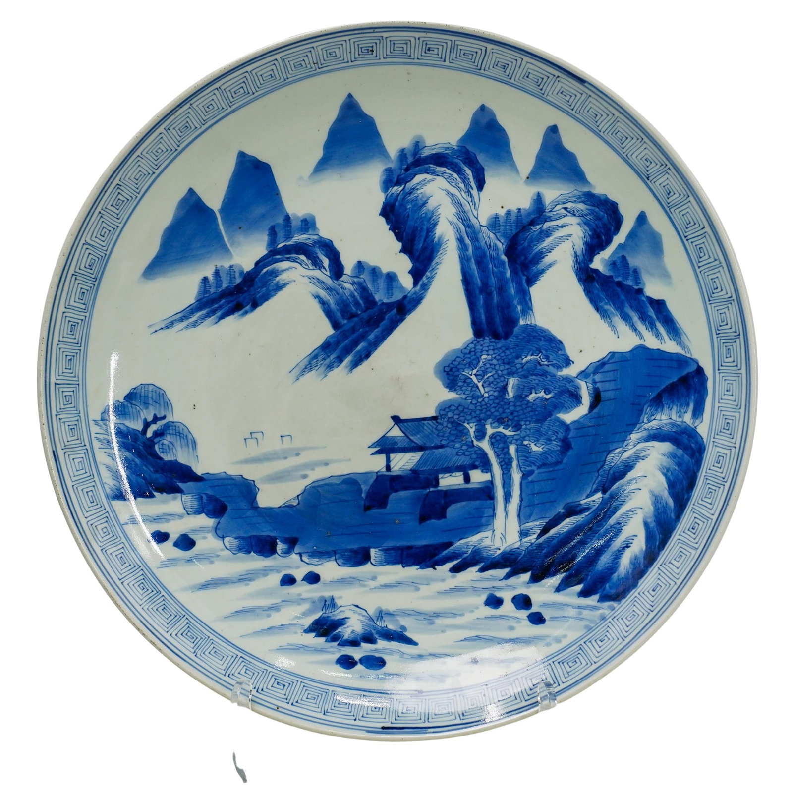 Chinese "Qinghua" Blue and White Porcelain Charger: Chinese "Qinghua" Blue and White Porcelain Charger 19th-20th century, China Chinese blue and white or "Qinghua" porcelain charger plate. Features a hand-painted design of a house i