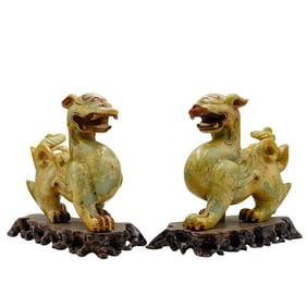 Pair of Antique Chinese Carved Jade Pixiu Dragons