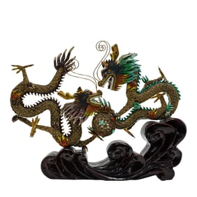 Chinese Gilt Silver Filigree and Enamel Dragons