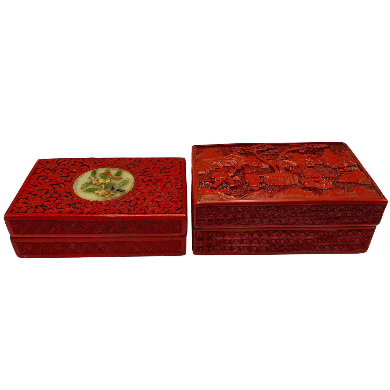 (2 pcs) Chinese Cinnabar and Jade Inset Boxes (1 of 8)