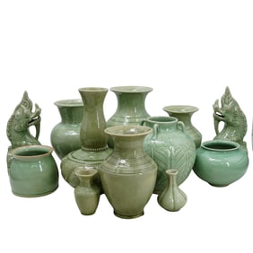 (13 Pc) Thai Celadon Ceramic Vessel Collection