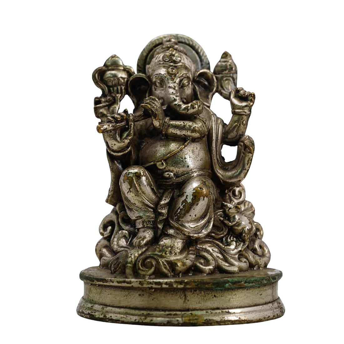 Silvered Bronze Genesha Sculpture: Silvered Bronze Genesha Sculpture Early to mid 20th Cent. Nepal This is a silvered bronze statue of Ganesha cast in bronze and silvered, though. Ganesha is depicted seated with large ears, tusks, and 