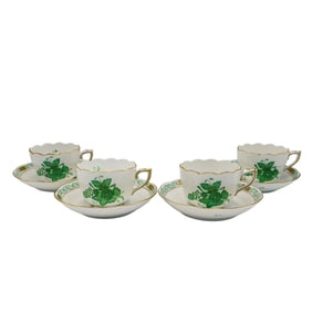 (8 Pc) Herend Chinese Bouquet Green Porcelain Demitasse Set