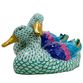 Herend Green Fishnet Pair Of Ducks Porcelain Sculpture