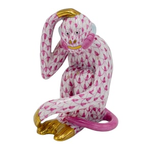 Herend Pink Fishnet Porcelain Monkey Figurine