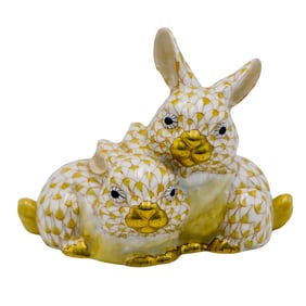 Herend Porcelain Yellow Fishnet Rabbit Figurine