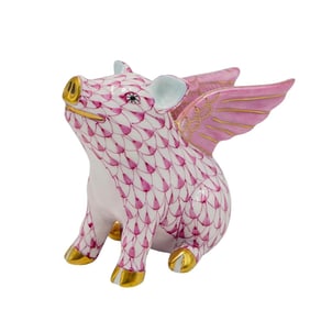 Herend Porcelain Pink Fishnet Flying Pig Figurine