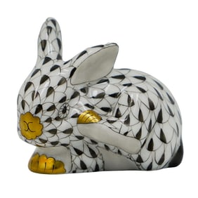 Herend Porcelain Black Fishnet Rabbit Figurine