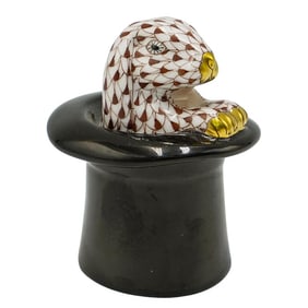 Herend Porcelain Brown Fishnet Rabbit In Hat Figurine