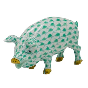 Herend Porcelain Green Fishnet Pig Figurine
