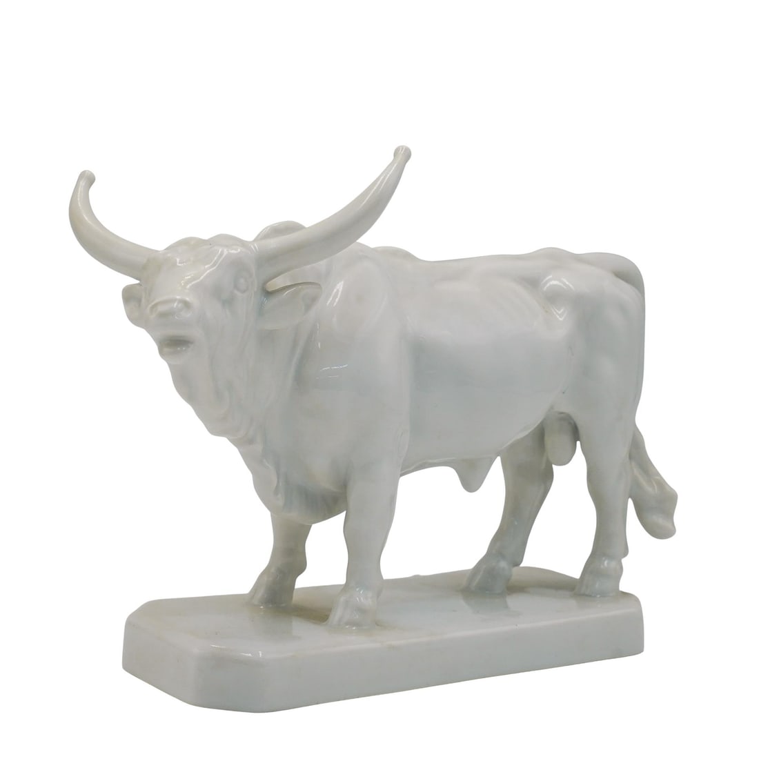 Herend Porcelain Bull Figurine: Herend Porcelain Bull Figurine 20th Century, Hungary Herend porcelain figurine, depicting bull with large horns, atop a rectangular base. Incised signature on base, stamped underside "Herend Hung