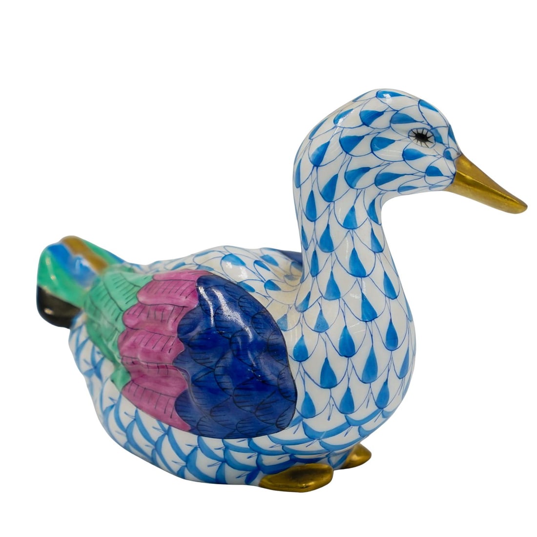 Herend Porcelain Blue Fishnet Duck Figurine (1 of 7)