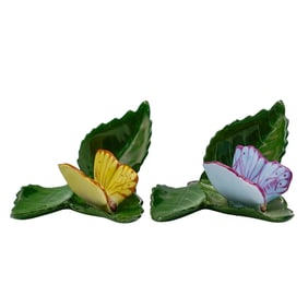 Pair Of Herend Butterfly On Leaf Porcelain Figurines