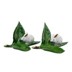 Pair Of Herend Rabbit On Leaf Porcelain Figurines