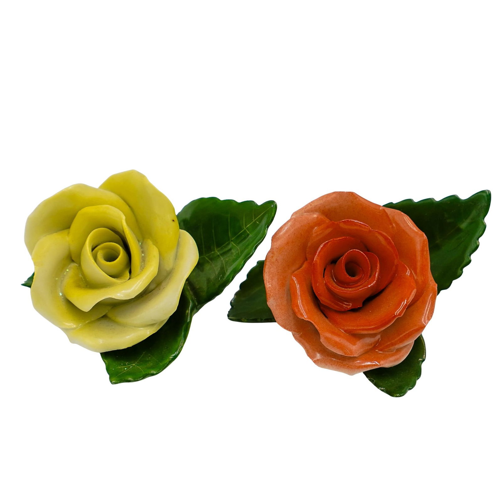 Pair Of Herend Porcelain Place Holders: Pair Of Herend Porcelain Place Holders 20th Century, Hungary Pair of Herend porcelain place holders, in the form of an orange and yellow rose with green leaves. Stamped underside. H: 1.75" W: 3&q