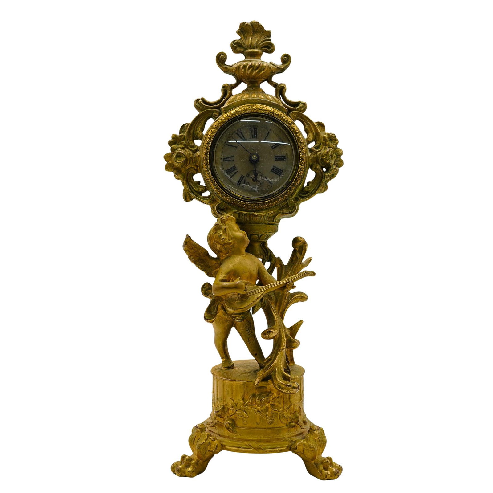 Victorian French Bronze Clock Style of Eugene Farcot: Victorian French Bronze Clock Style of Eugene Farcot19th century, FranceAntique French gilt bronze mantle clock in the style of clockmaker Eugene Farcot (1830-1896). Carved cupid with a lute and flora