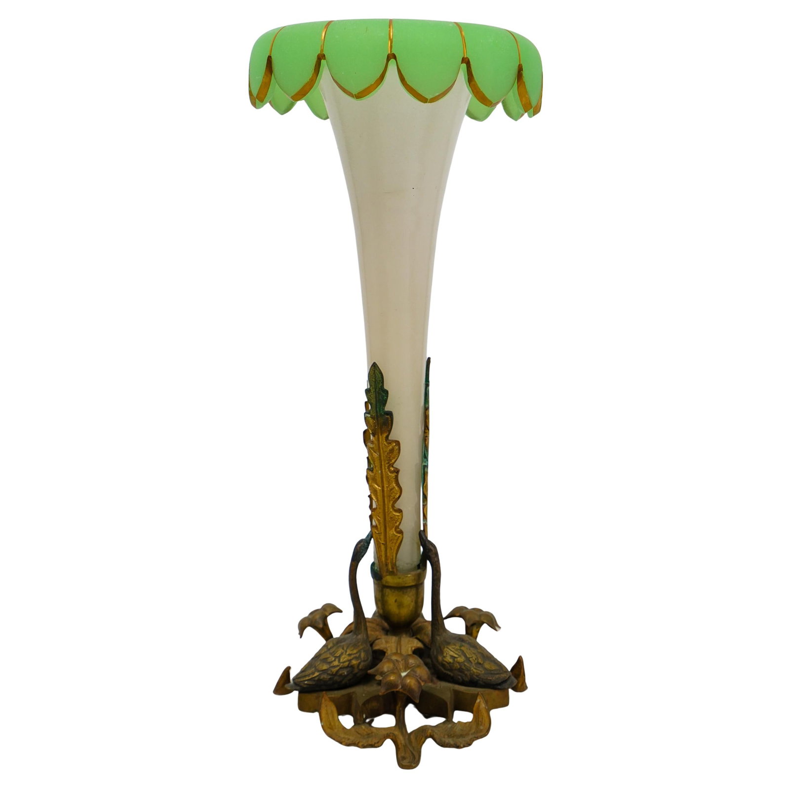 French Bronze and Opaline Glass Vase: French Bronze and Opaline Glass Vase19th-20th centuryFrench bronze and opaline glass vase. Carved bronze vase has swan figurals and floral motifs. Glass component tapers out at the top like a blooming