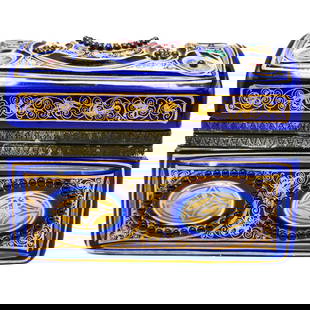 French Cut Crystal Trinket Box: French Cut Crystal Trinket BoxLate 19th-Early 20th century, FrenchAntique French cut crystal trinket box. Bright cobalt crystal construction with clear cut crystal design. Hand-painted throughout with
