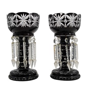 Pair of Bohemian Black and Clear Crystal Lustres
