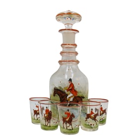 (6 Pc) Antique Enameled Glass Hunting Scene Liquor Set