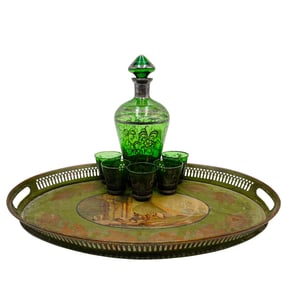 Antique Silver Overload Green Glass Liquor Set w/Tray
