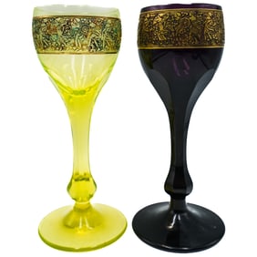 (2 pc) Moser Uranium and Amethyst Glass Goblets