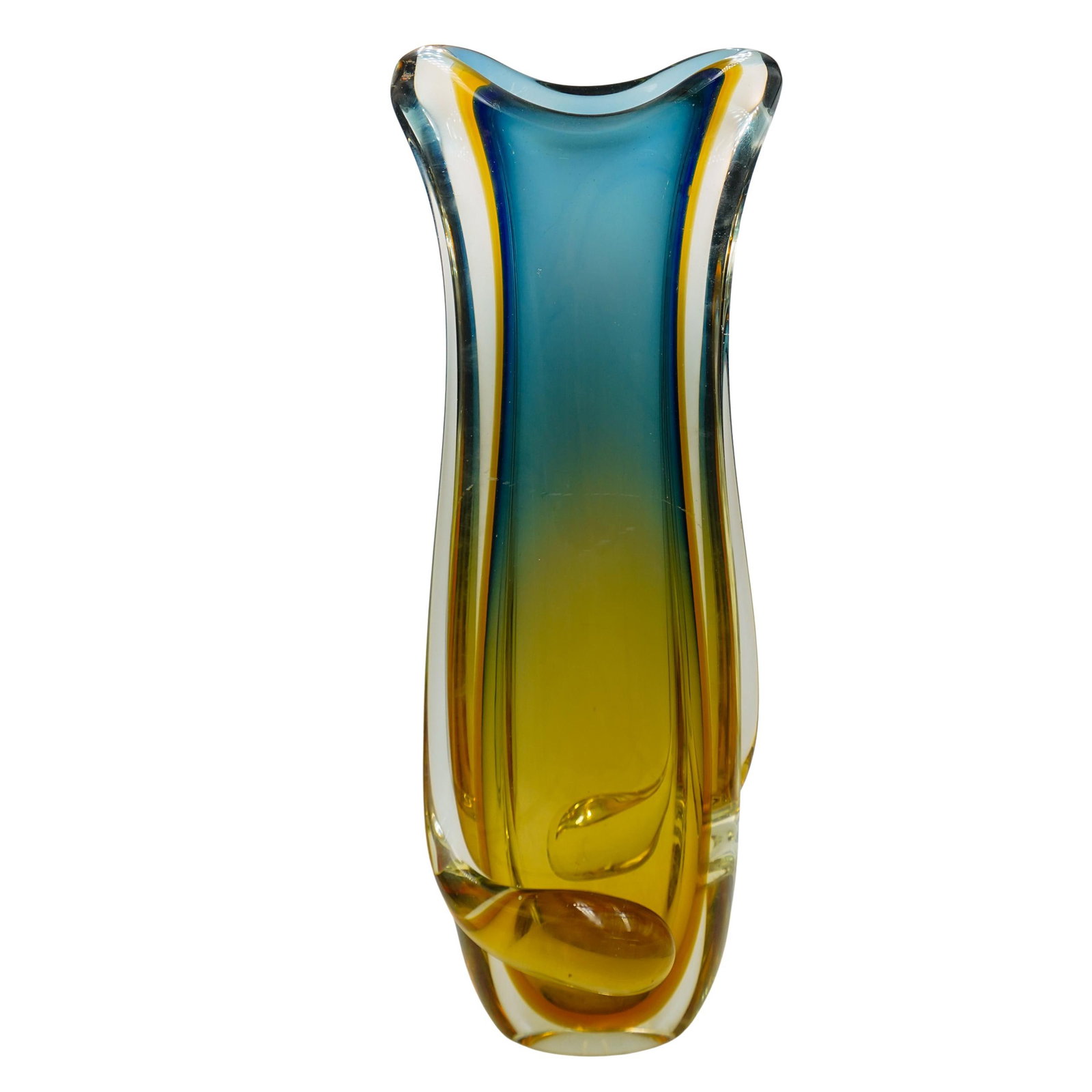 Vintage Yellow and Blue Murano Glass Vase: Vintage Yellow and Blue Murano Glass Vase Mid-century, Italian Murano glass vase in a blue and yellow ombre design with carved free form shapes at base. H 16 3/8" L 6" W 5 1/2"