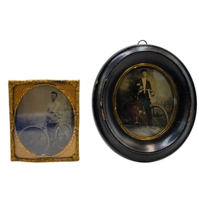 Pair Of Antique Tintype Photographs Of Men With Bicycles