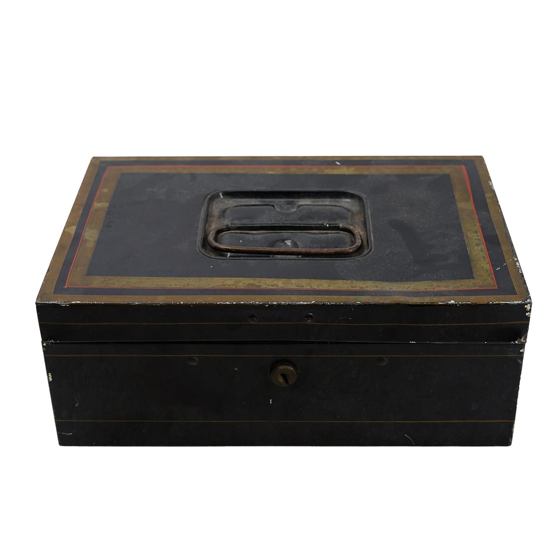 Early 20th Century Metal Bankers Box: Early 20th Century Metal Bankers Box20th century, AmericaAntique early 20th century lacquered metal bankers box with gilt painted border on lid with a red line accent. Handle on lid for carrying.H 4&q