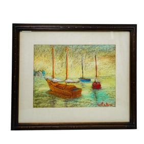 Signed Pastel Painting of Sailboats