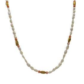 14K Gold, Angel Skin Coral and Pearl Necklace