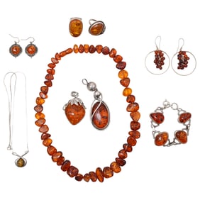 (10 pcs) Vintage Sterling, Silver and Amber Jewelry