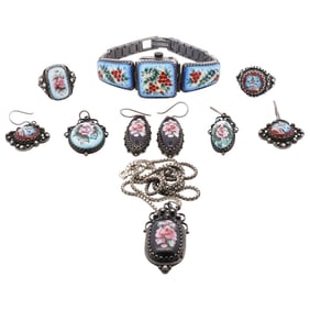 (8 pcs) Assorted Silver and Enamel Jewelry
