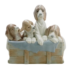 Lladro Dogs In Basket Porcelain Sculpture