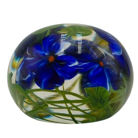 Art Glass Paperweight with Blue Flowers (1983)