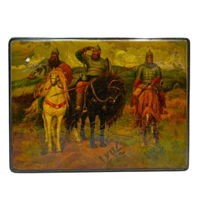 Signed Russian Lacquerware "Bogatyrs" After Viktor Vasnetsov (Russian, 1848-1926) Box