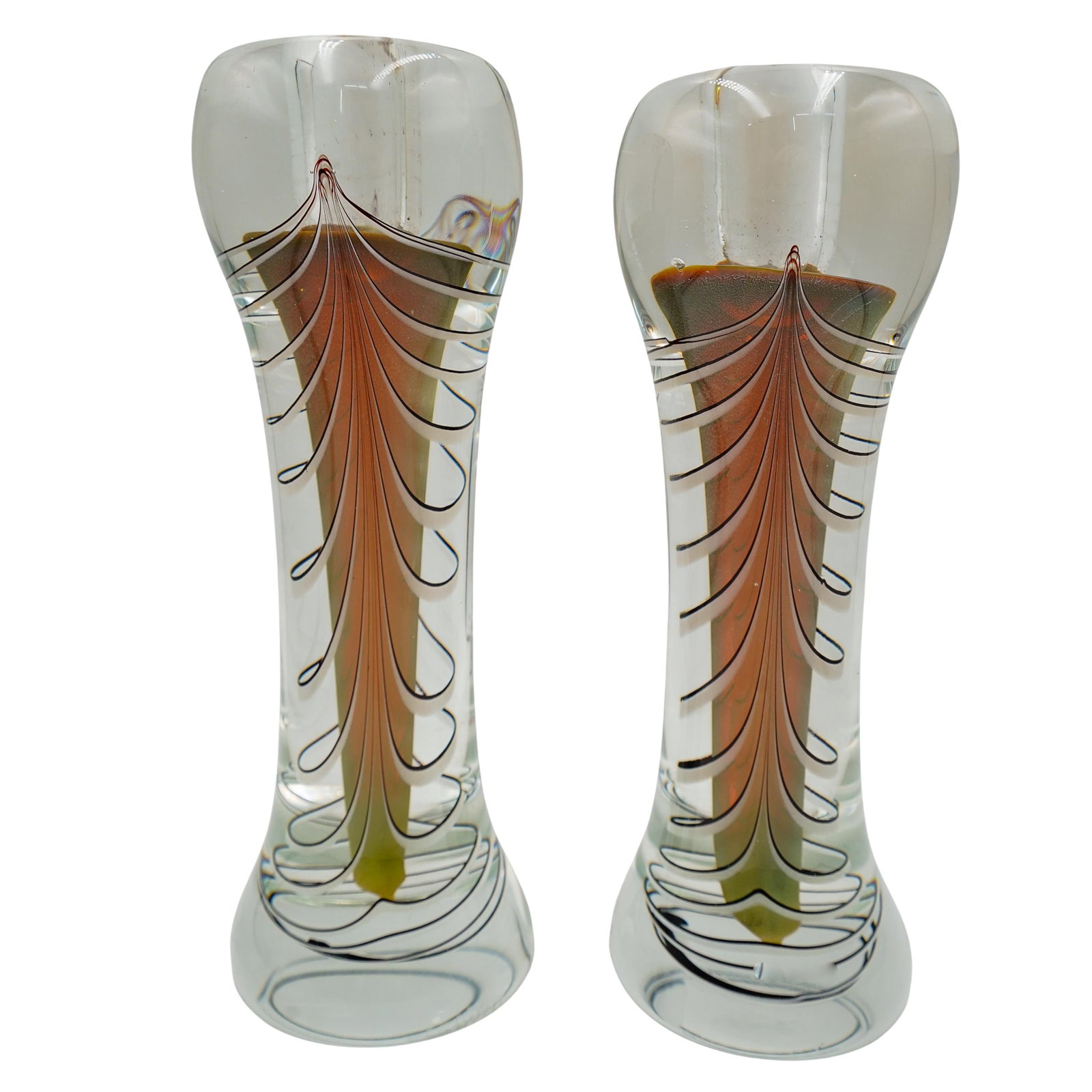 (2 pcs) Adam Jablonski (1936, Polish) Glass Candle Holders: (2 pcs) Adam Jablonski (1936, Polish) Glass Candle Holders 20th century, Poland Hand-blown crystal glass, thick and heavy. The candle holders have a sleek, flared silhouette that tapers inward toward 