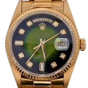 Vintage Rolex Day Date 18k Gold Tropical Green Dial Watch REF#18038