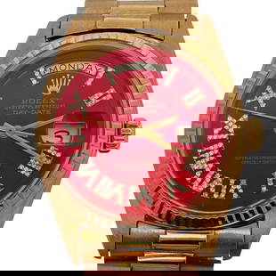 Vintage Rolex Day Date 18k Gold Red Diamond Dial Watch REF#1803: Vintage Rolex Day Date 18k Gold Red Diamond Dial Watch REF#18031982, SwissA Rolex day date features an automatic movement, 18k yellow gold case, red diamond dial, presidential bracelet, scratch resist