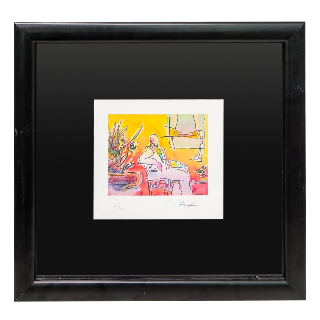Peter Max (German, 1937) "Seated Dega in Room" Lithograph: Peter Max (German, 1937) "Seated Dega in Room" Lithograph1998, USAThe composition features a figure seated indoors, surrounded by abstract elements. The artwork is rendered in bold, psychede