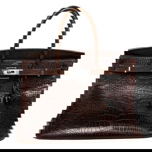 Hermes Birkin 35 Brown Crocodile Leather Handbag: Hermes Birkin 35 Brown Crocodile Leather HandbagHermes Birkin 35 handbag, in chocolate brown shiny crocodile leather, featuring palladium plated hardware, including the turn lock closure, padlock, and
