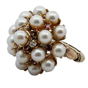 Vintage 14k Gold Diamond Ruby and Pearl Ring