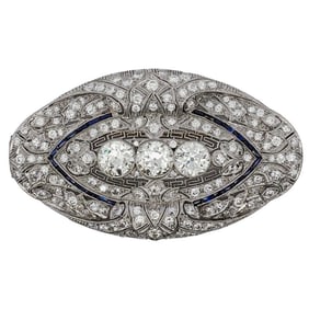 Art Deco Platinum Diamond and Sapphire Brooch