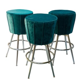 (3 Pc) Mid Century Modern Style Green Velvet Barstools