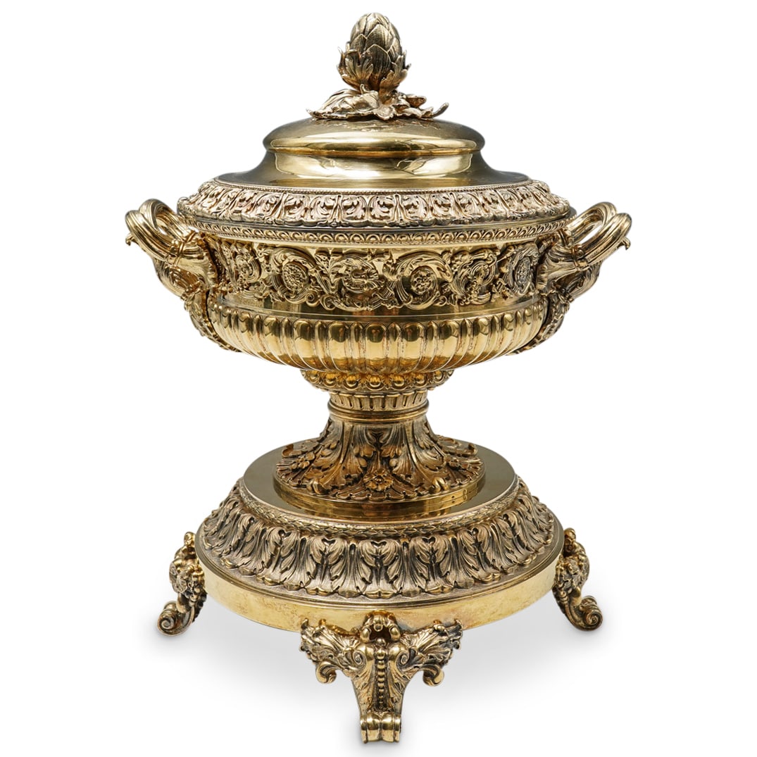 Exceptional Odiot French Silver-Gilt Tureen, Cover, & Stand: Exceptional Odiot French Silver-Gilt Tureen, Cover, & StandA French gilt silver Odiot Maison covered tureen on stand, featuring a form inspired by Jean-Baptiste-Claude Odiot. Composed of gilt silver r