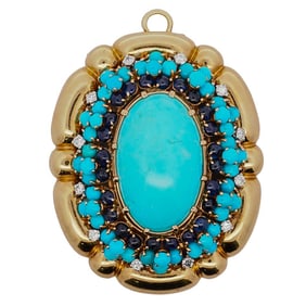 David Webb 18k Gold Turquoise and Diamond Brooch