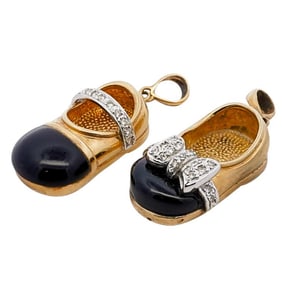 (2 Pc) 18k Gold Diamond and Onyx Charm Pendants