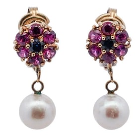 14k Gold Pearl Sapphire and Ruby Earrings