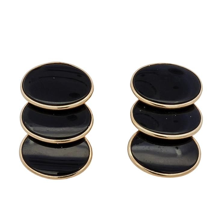 14k Gold and Onyx Earrings: 14k Gold and Onyx Earrings Late 20th Century, Continental 14k gold and onyx earrings, each earring featuring three vertically stacked oval onyx stones, each beset set in polished 14k gold. Total appro